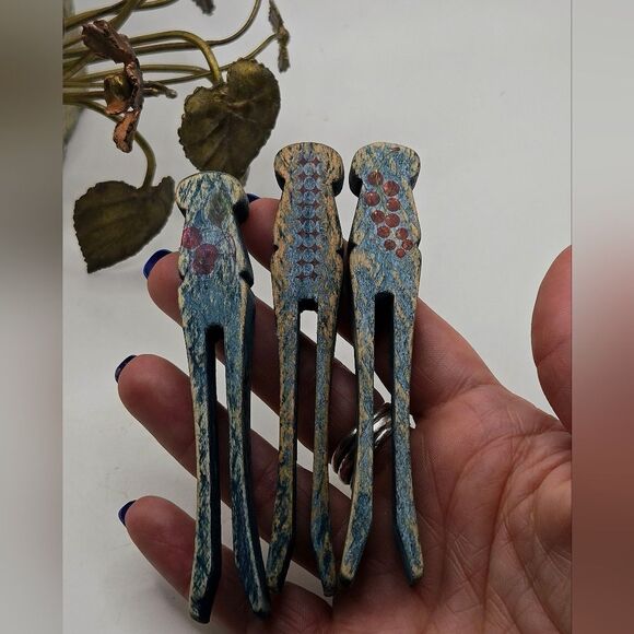 "5/$25" Vintage Upcycled Distressed Blue Wood Clothes Pins, Set Of 3 - Picture 1 of 5